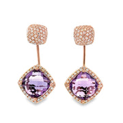 Faceted Amethys and Diamond Earrings in Rose Gold