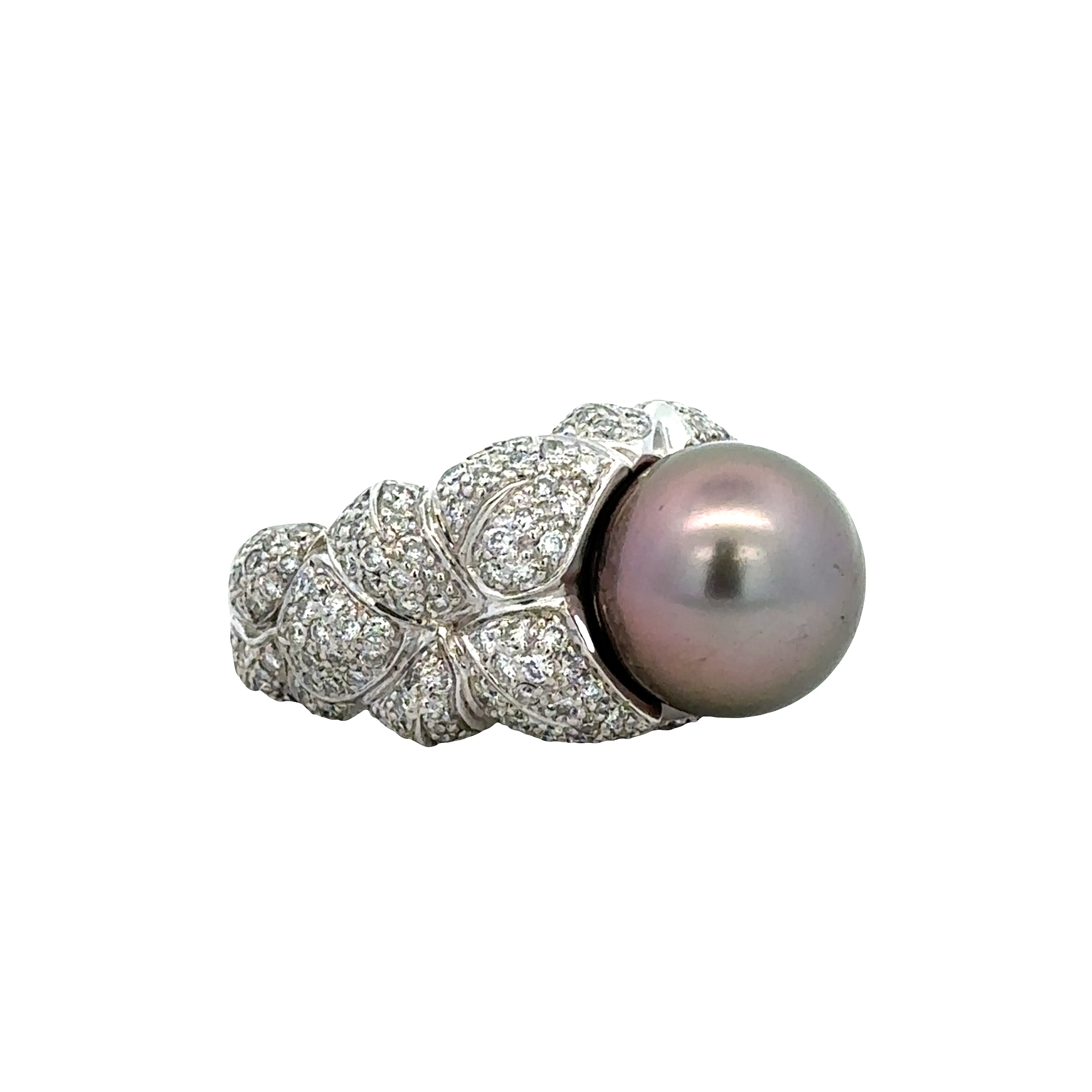 Estate Designer Tahitian Pearl and Diamond Ring in 18k White Gold -- Size 6.5