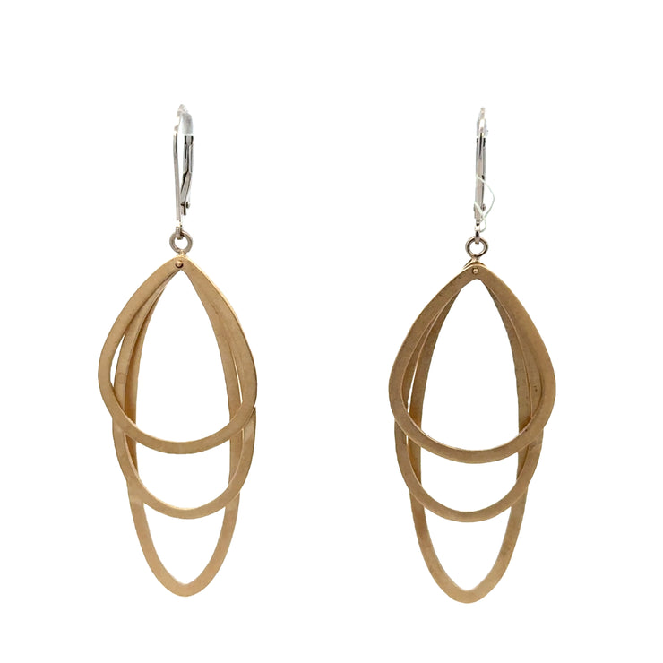 Abstract Brushed Triple Hoop Dangle Earrings in Two Tone Gold