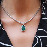 Magnificent 5.81 Pear Cut Colombian Emerald and Diamond Necklace in White Gold
