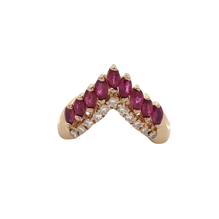 Ruby and Diamond Chevron Style Ring in Yellow Gold Size 8.5