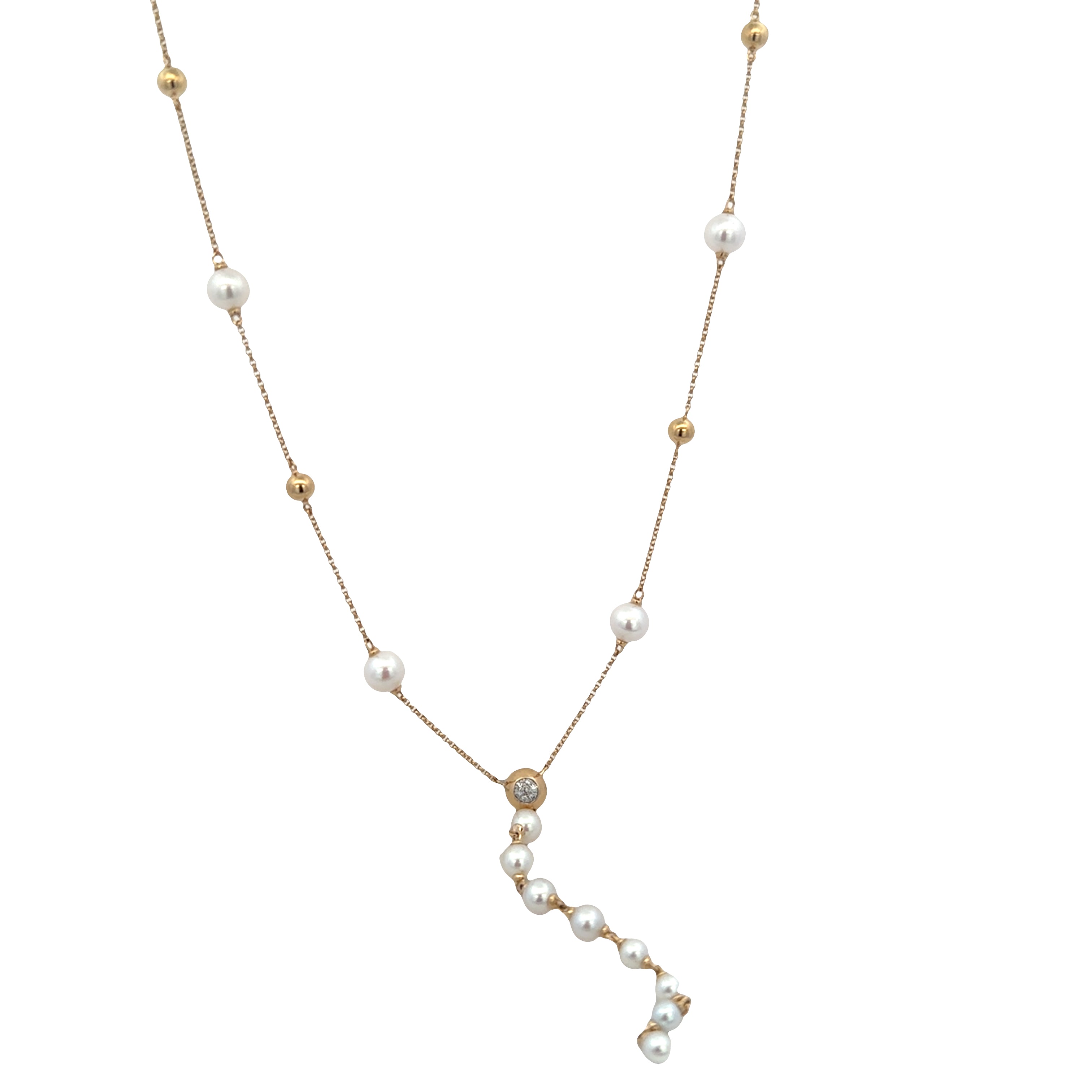 14k Yellow Gold Pearl & Diamond Y-Style Necklace – Adjustable 16"–18"