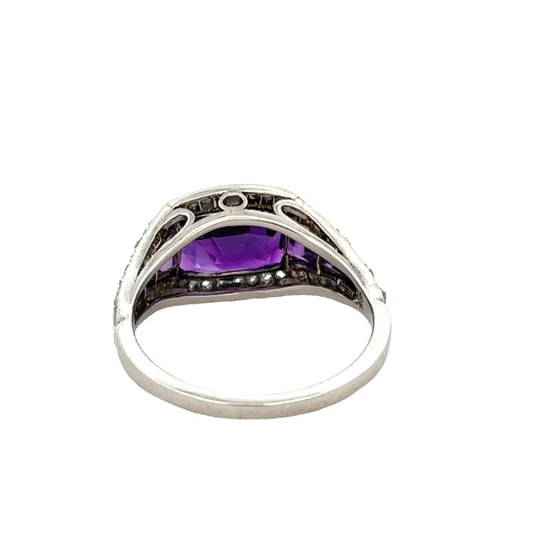 Antique Art Deco Amethyst and Rose Cut Diamond Ring in Platinum