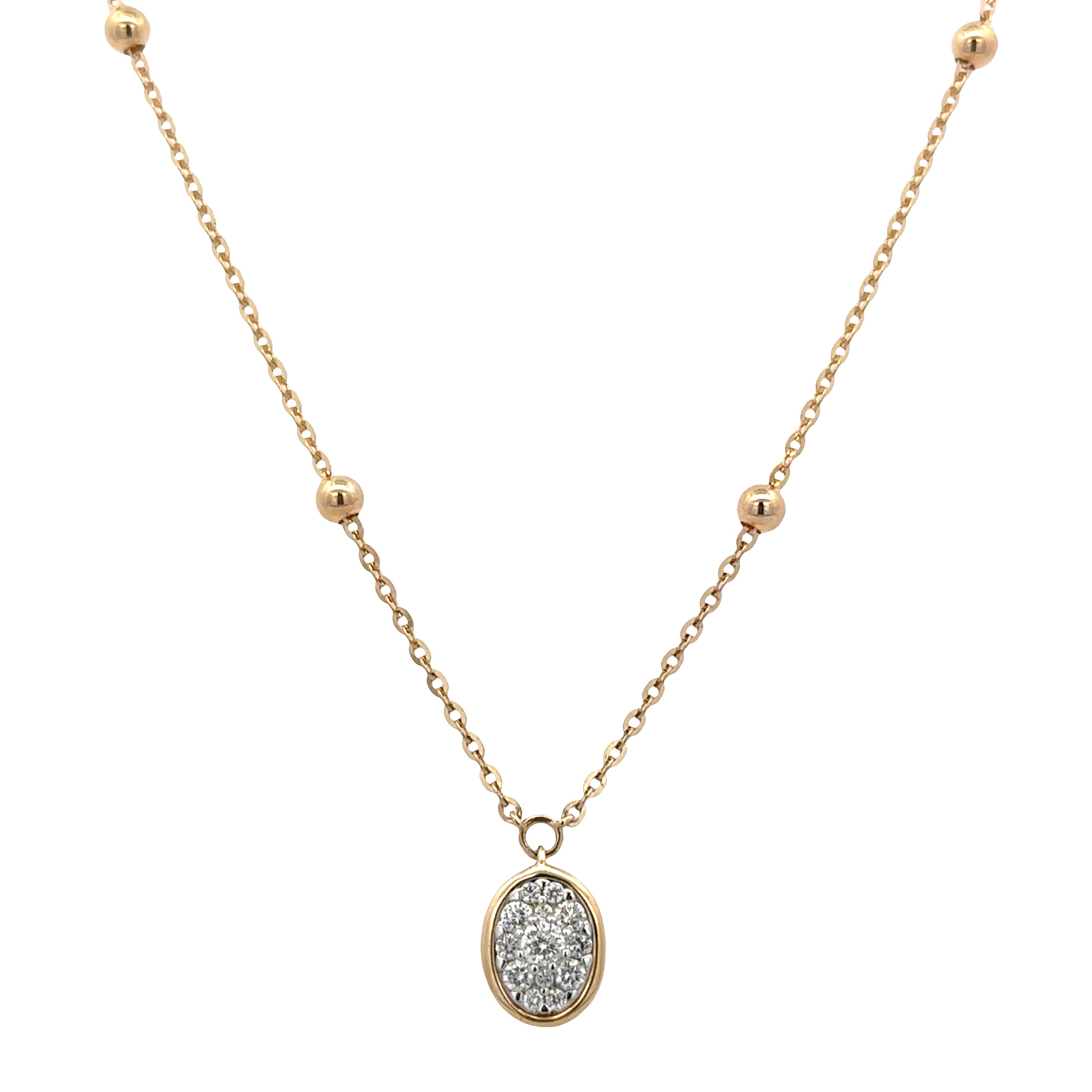 14k Yellow Gold Diamond Cluster Oval Necklace – Adjustable 18"
