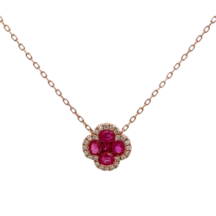 Ruby and Diamond Quatrefoil Necklace in Rose Gold