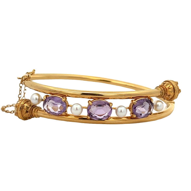 Statement Vintage Amethyst and Akoya Cultured Pearl Bracelet in Yellow Gold