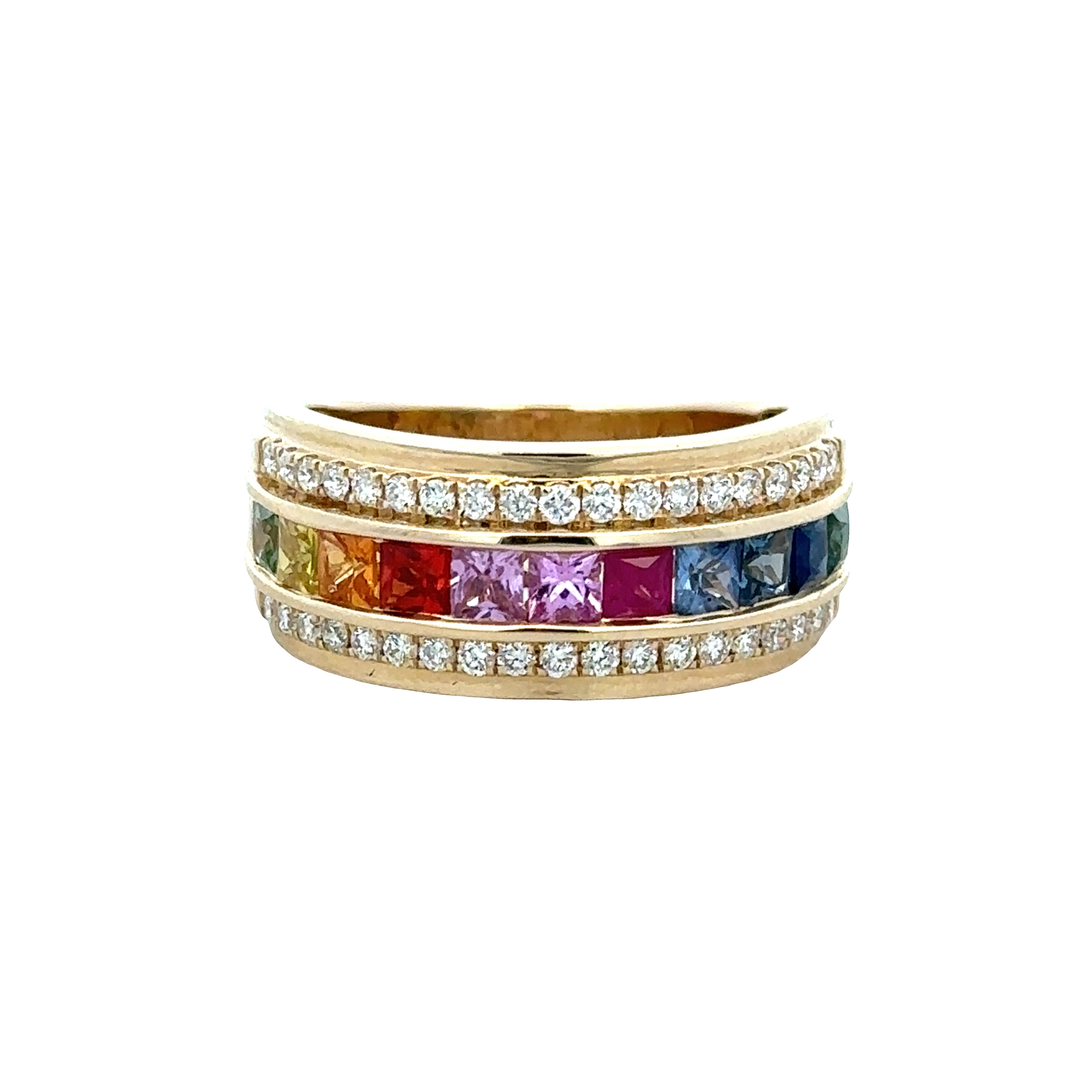 14k Yellow Gold Multi Color Sapphire & Diamond Band – Size 7