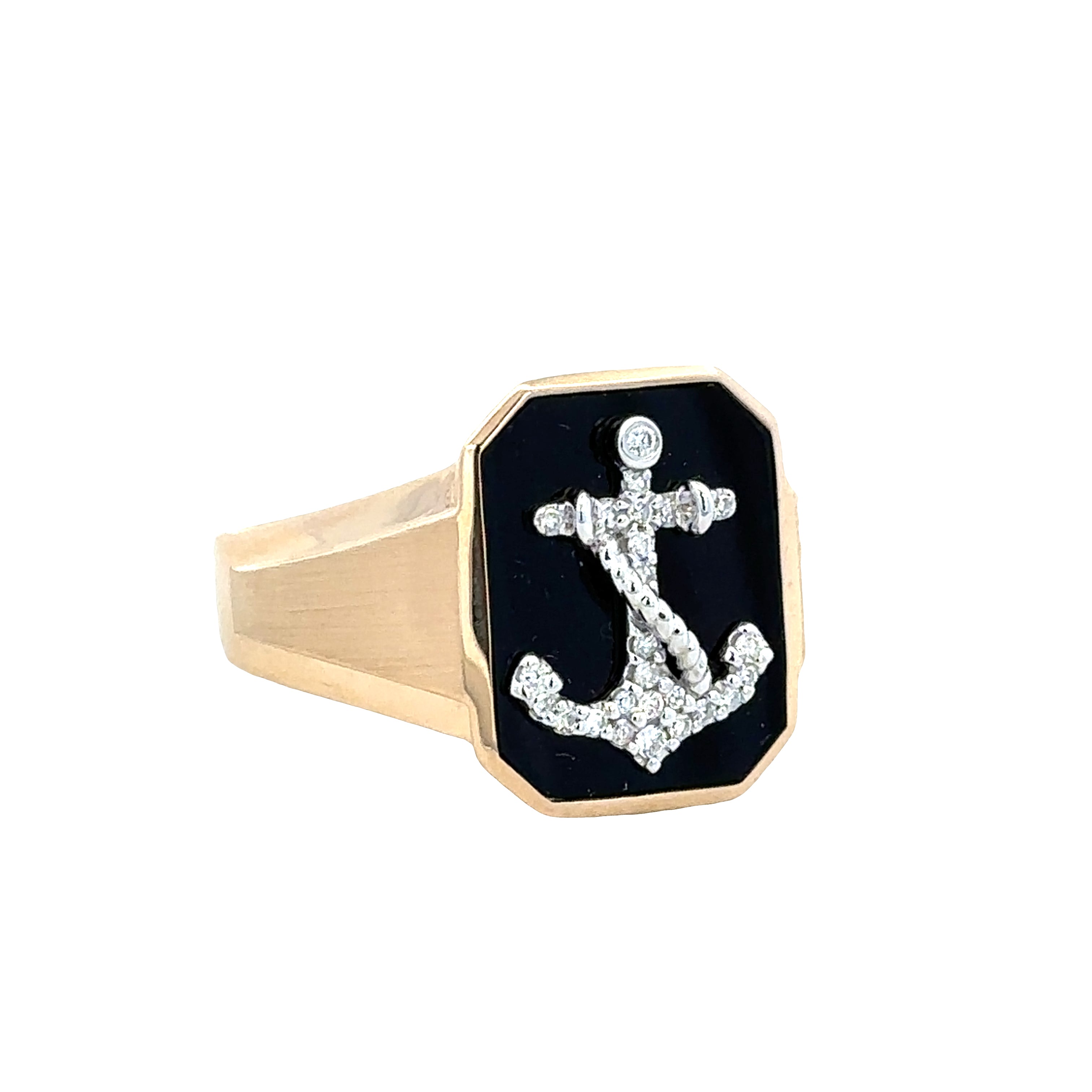 14k Yellow Gold Black Onyx and Diamond Anchor Ring – Size 10.75