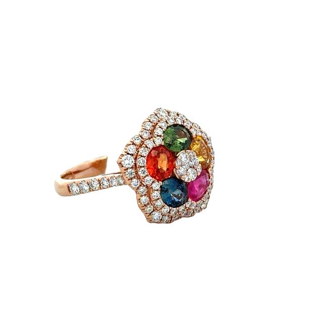 Multicolored Sapphire and Diamond Flower Cluster Ring in 18k Rose Gold