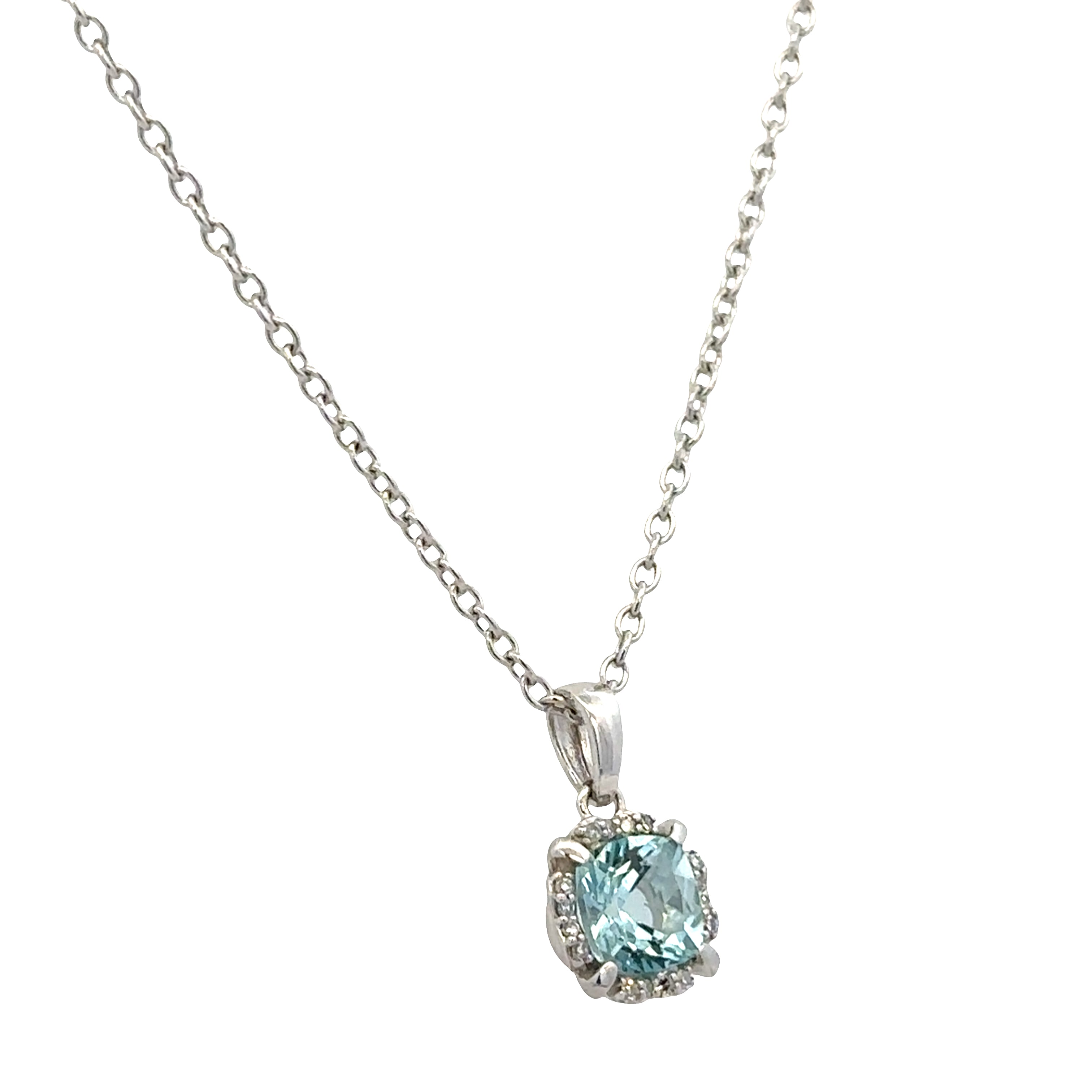 14k White Gold Aquamarine & Diamond Halo Pendant Necklace – 18"