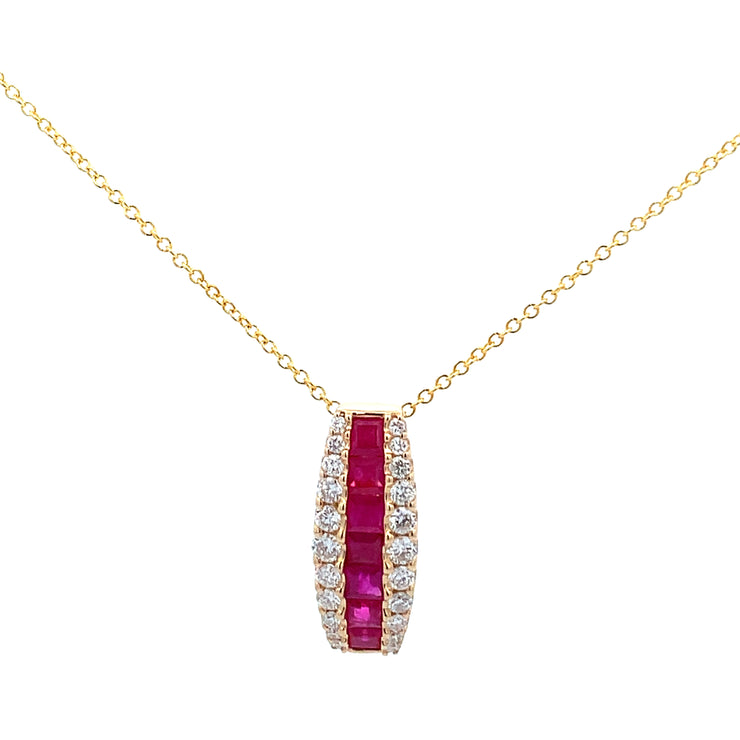 Curved Ruby and Diamond Pendant in Yellow Gold