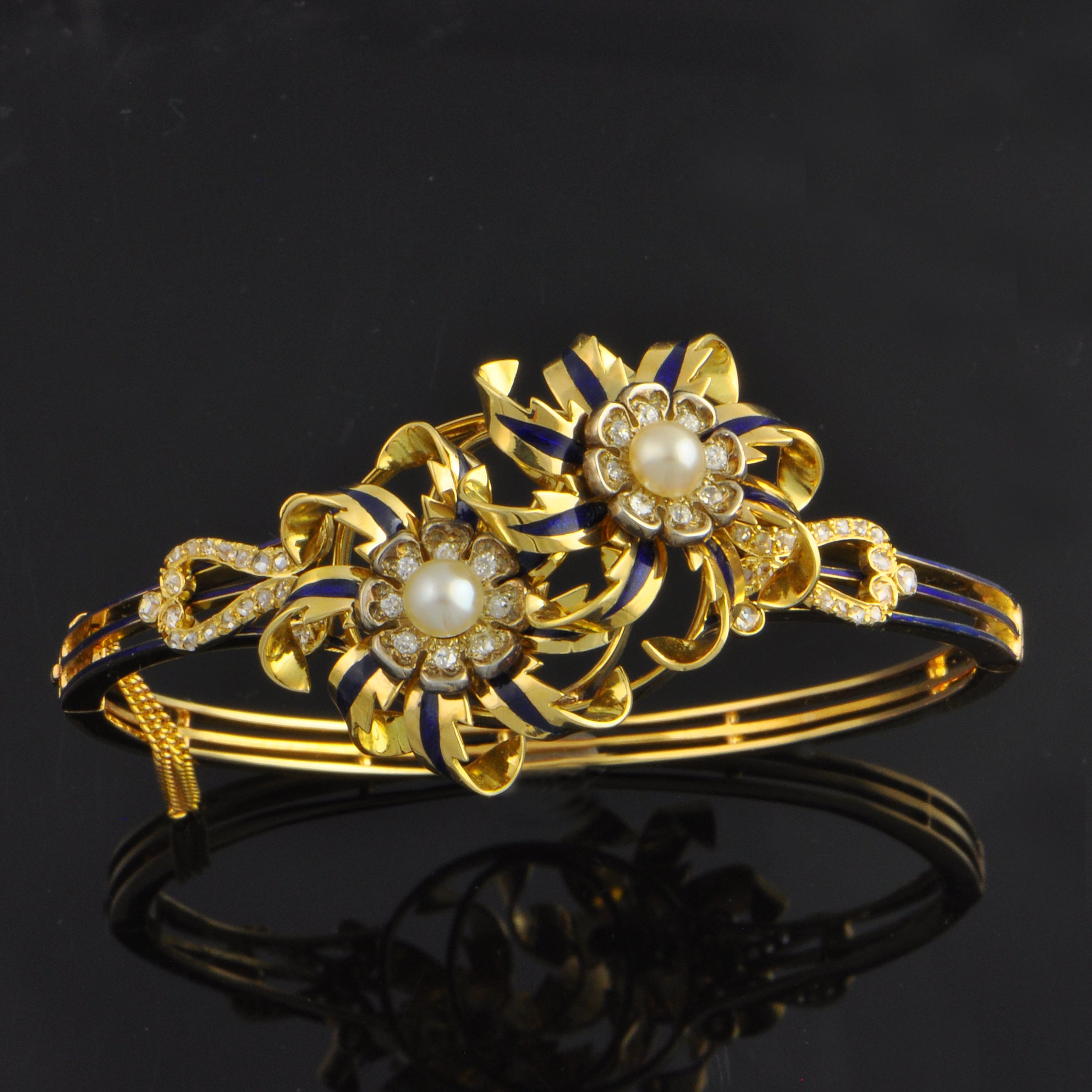 Antique Victorian 18k Yellow Gold & Silver Blue Enamel Bangle with Pearls and Rose Cut Diamonds