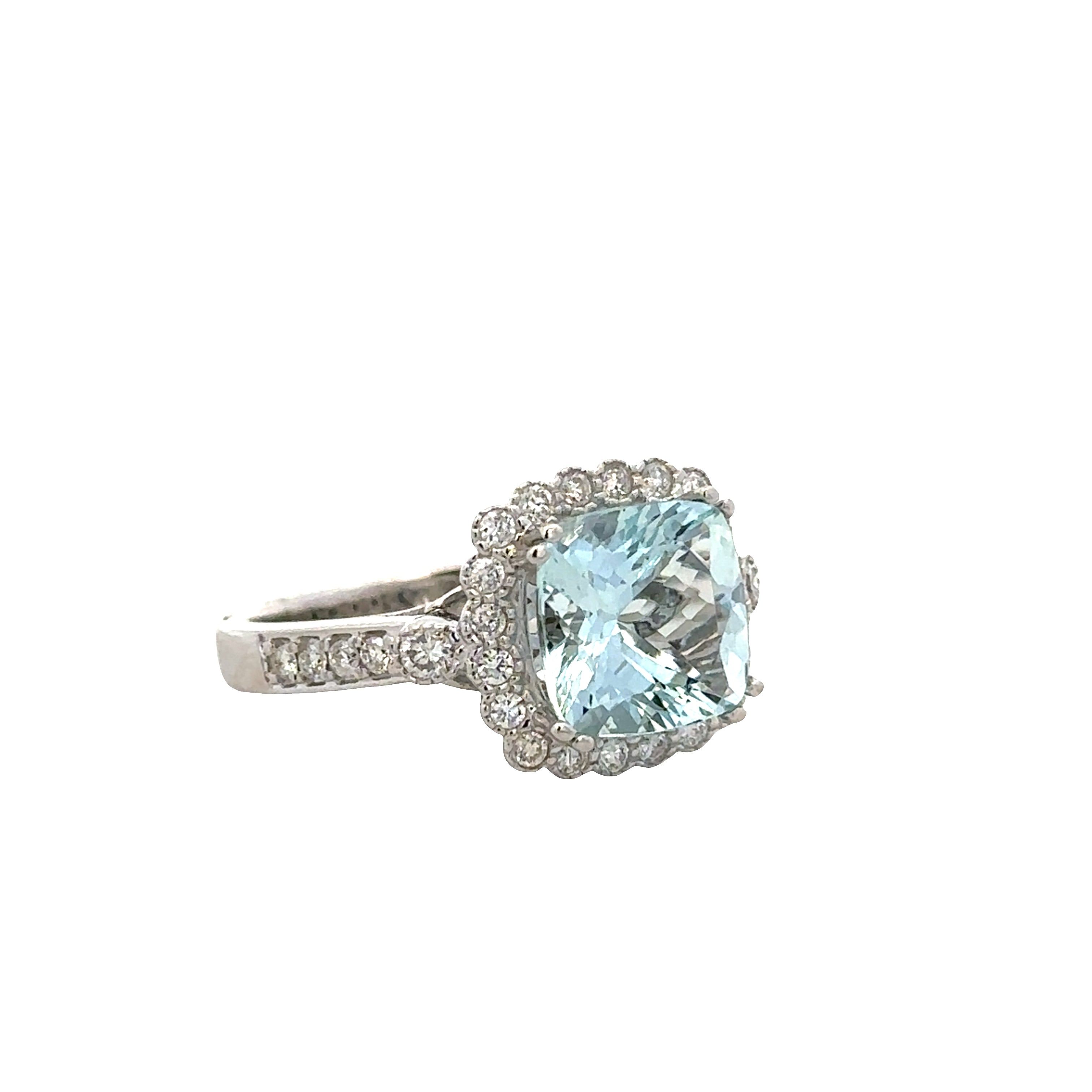 14k White Gold Cushion Cut Aquamarine and Diamond Halo Ring – 2.75 ct. Aquamarine, 0.50 ct. Diamonds