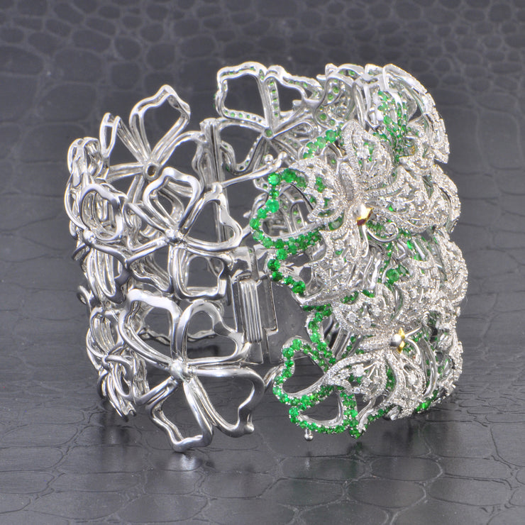 Spectacular Diamond, Tsavorite Garnet, and Ruby Butterfly Cuff Bracelet in White Gold