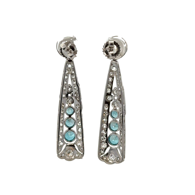 Antique Art Deco Blue Zircon and Diamond Drop Earrings in Platinum
