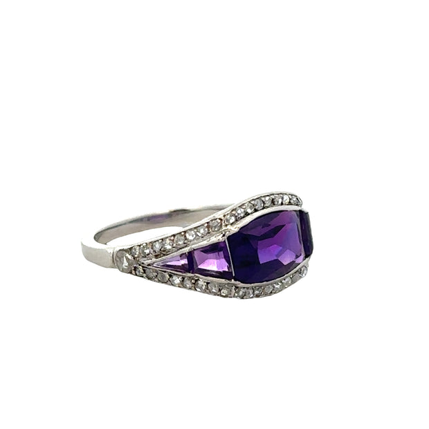 Antique Art Deco Amethyst and Rose Cut Diamond Ring in Platinum