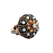 Antique Victorian Domed Opal and Diamond Ring with Black Enamel