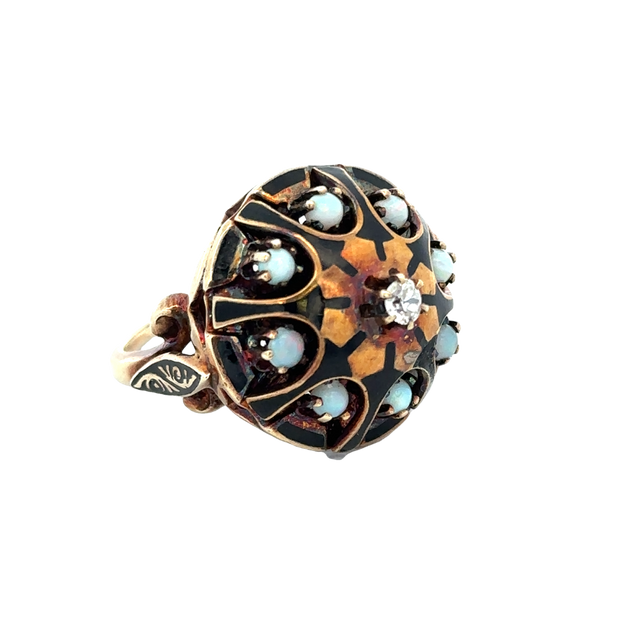 Antique Victorian Domed Opal and Diamond Ring with Black Enamel