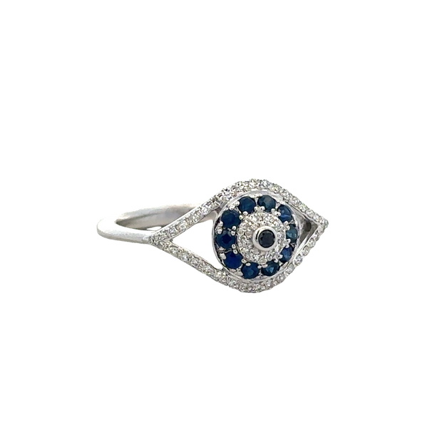 Sapphire and Diamond Openwork Navette Shape Ring in White Gold