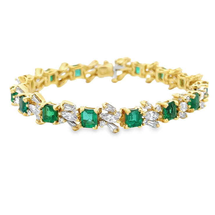 Stunning Vintage 18k Yellow Gold Emerald and Diamond Bracelet