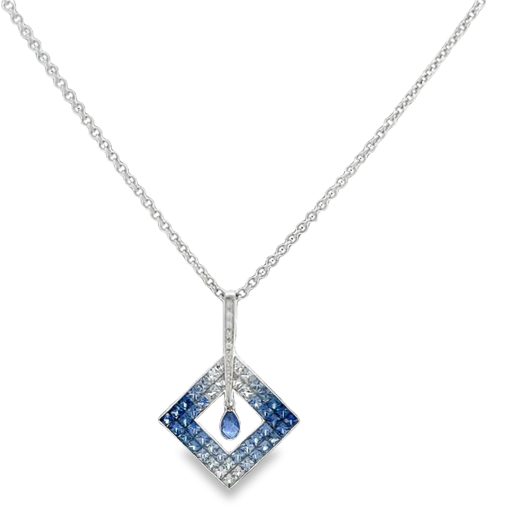 Kite Shaped Sapphire and Diamond Pendant in 18k White Gold