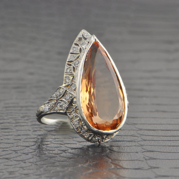 Antique Art Deco 9.97 ct. Pear Cut Imperial Topaz Ring in Platinum