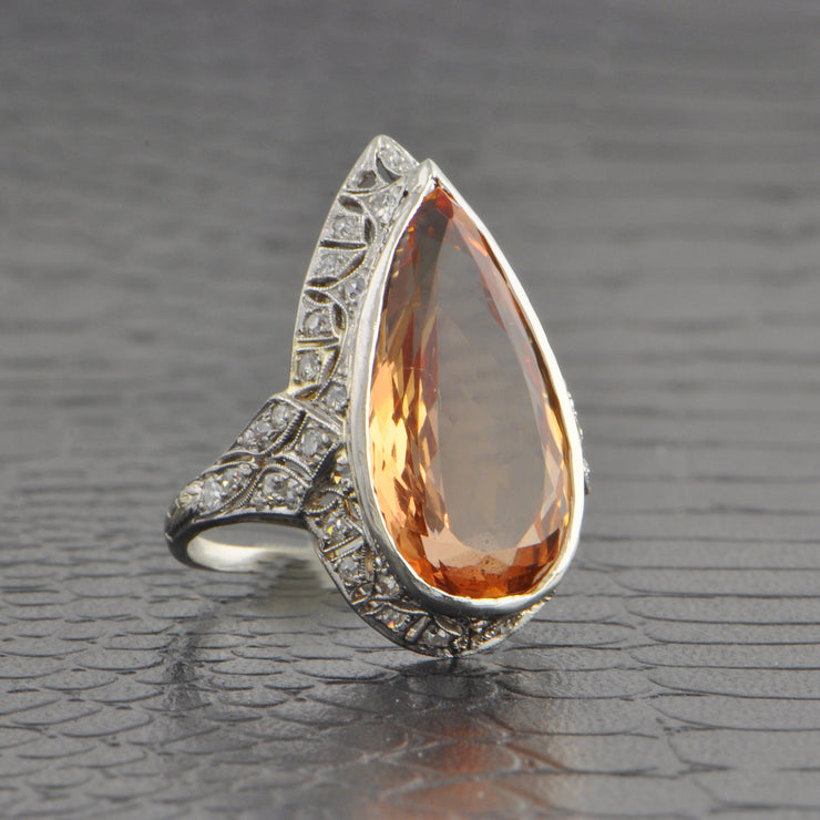 Antique Art Deco 9.97 ct. Pear Cut Imperial Topaz Ring in Platinum