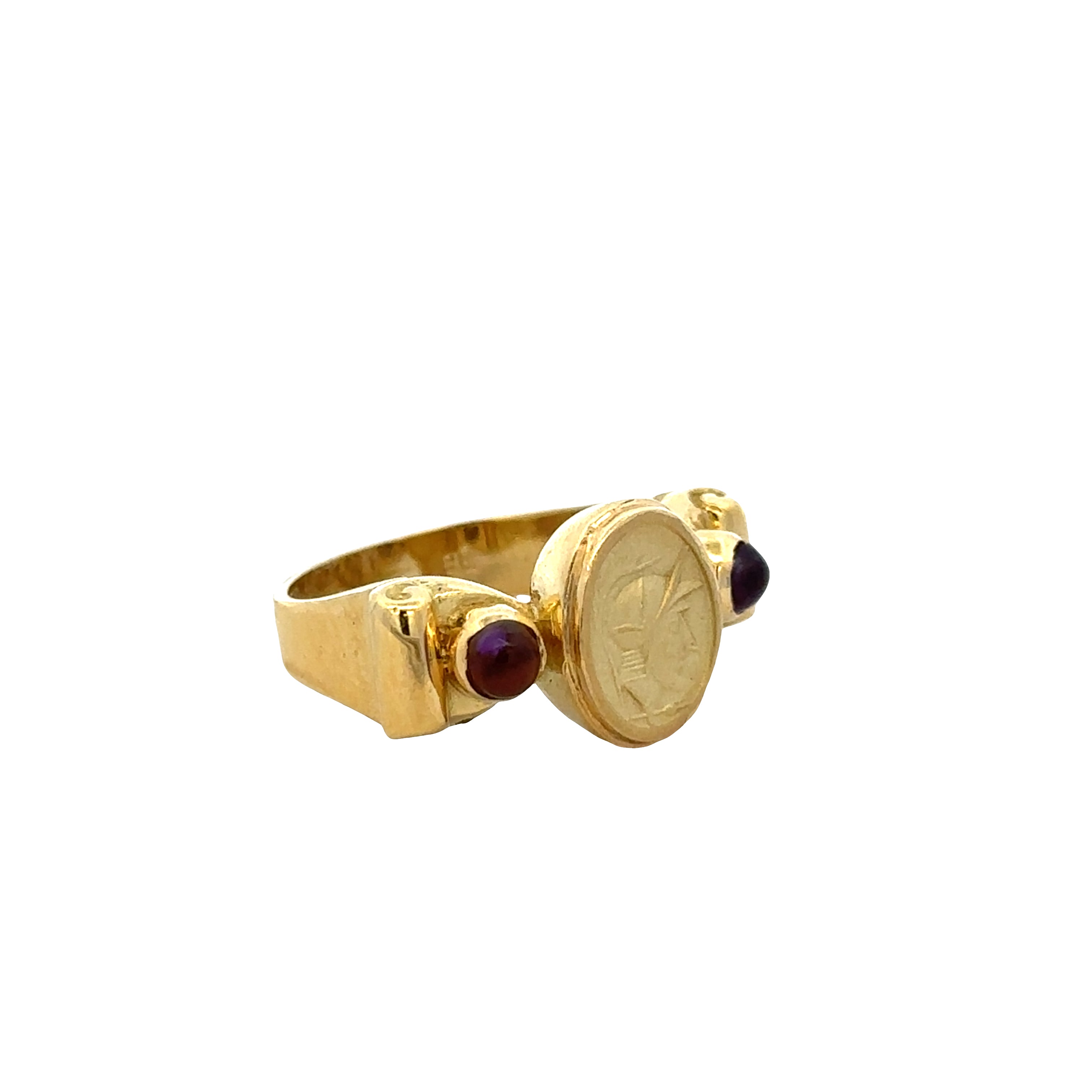Vintage 18k Yellow Gold Roman Soldier Intaglio Ring with Amethyst Cabochons