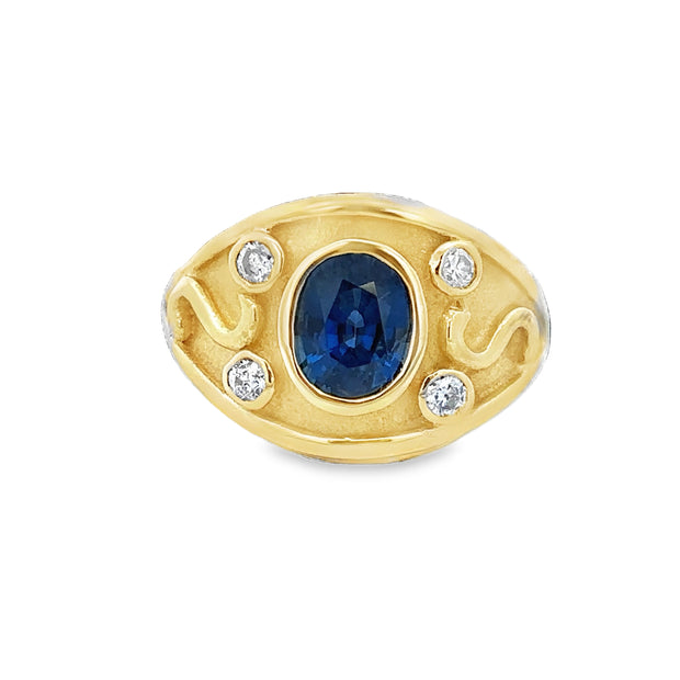 Sapphire and Diamond Etruscan Style Ring in 18k Yellow Gold