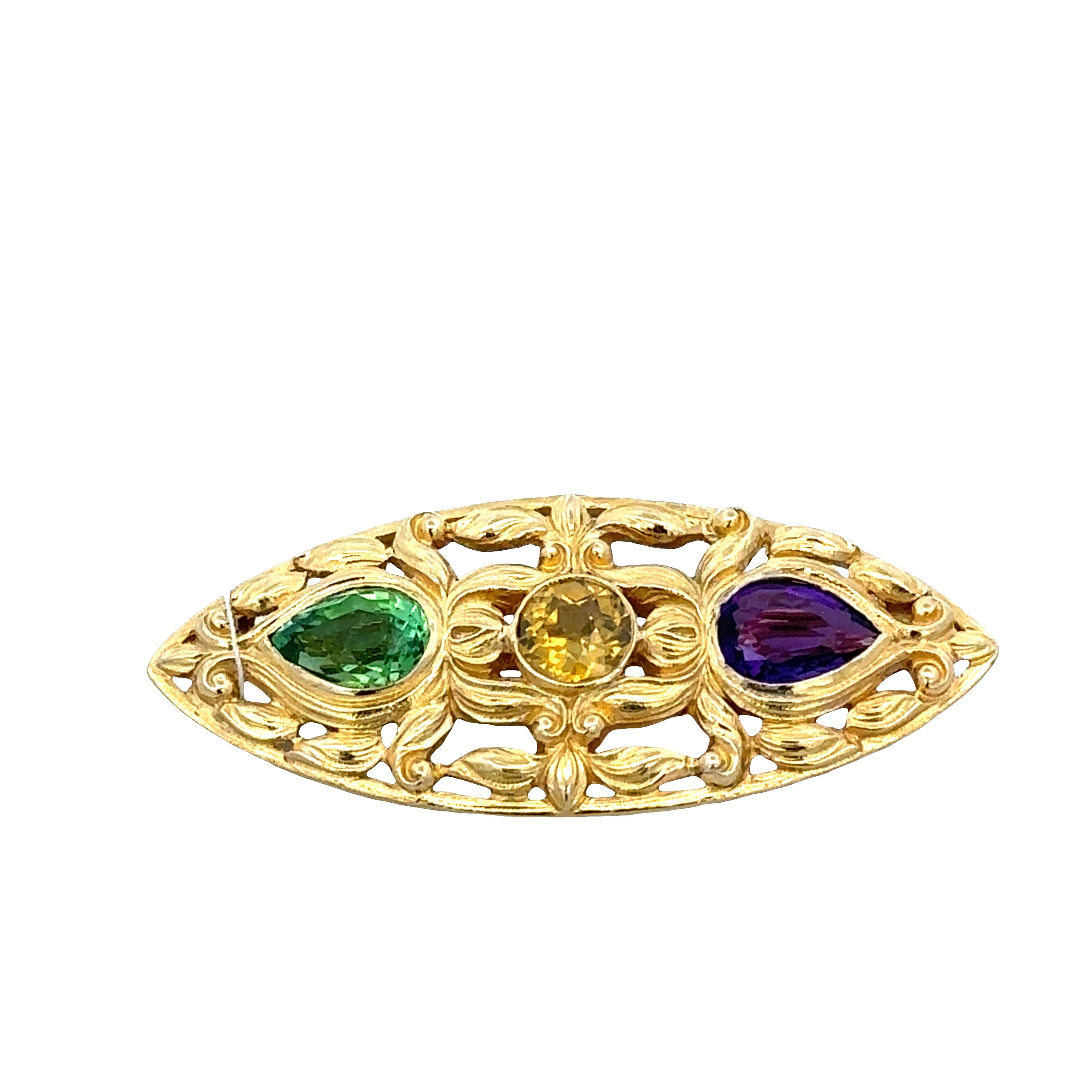 Vintage 18k Yellow Gold Navette Brooch with Amethyst, Green Tourmaline & Zircon