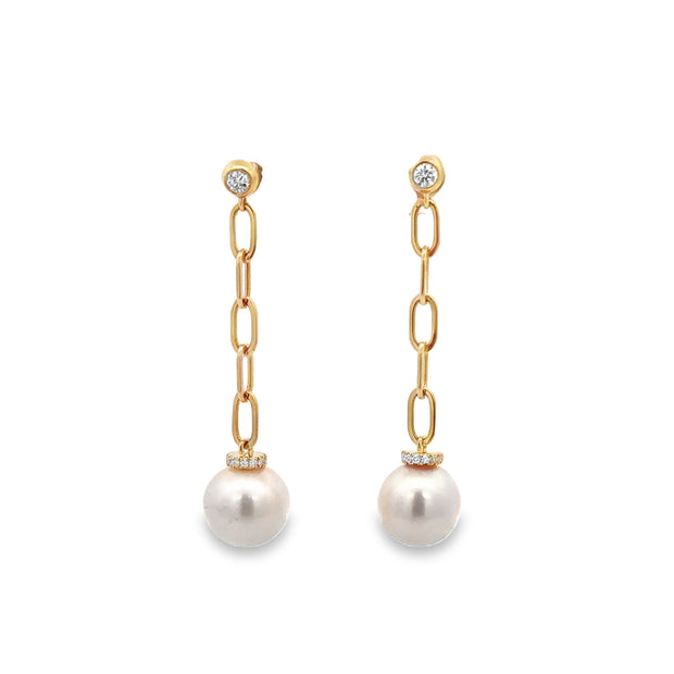 Freshwater Pearl Diamond Dangle Earrings in Yellow Gold