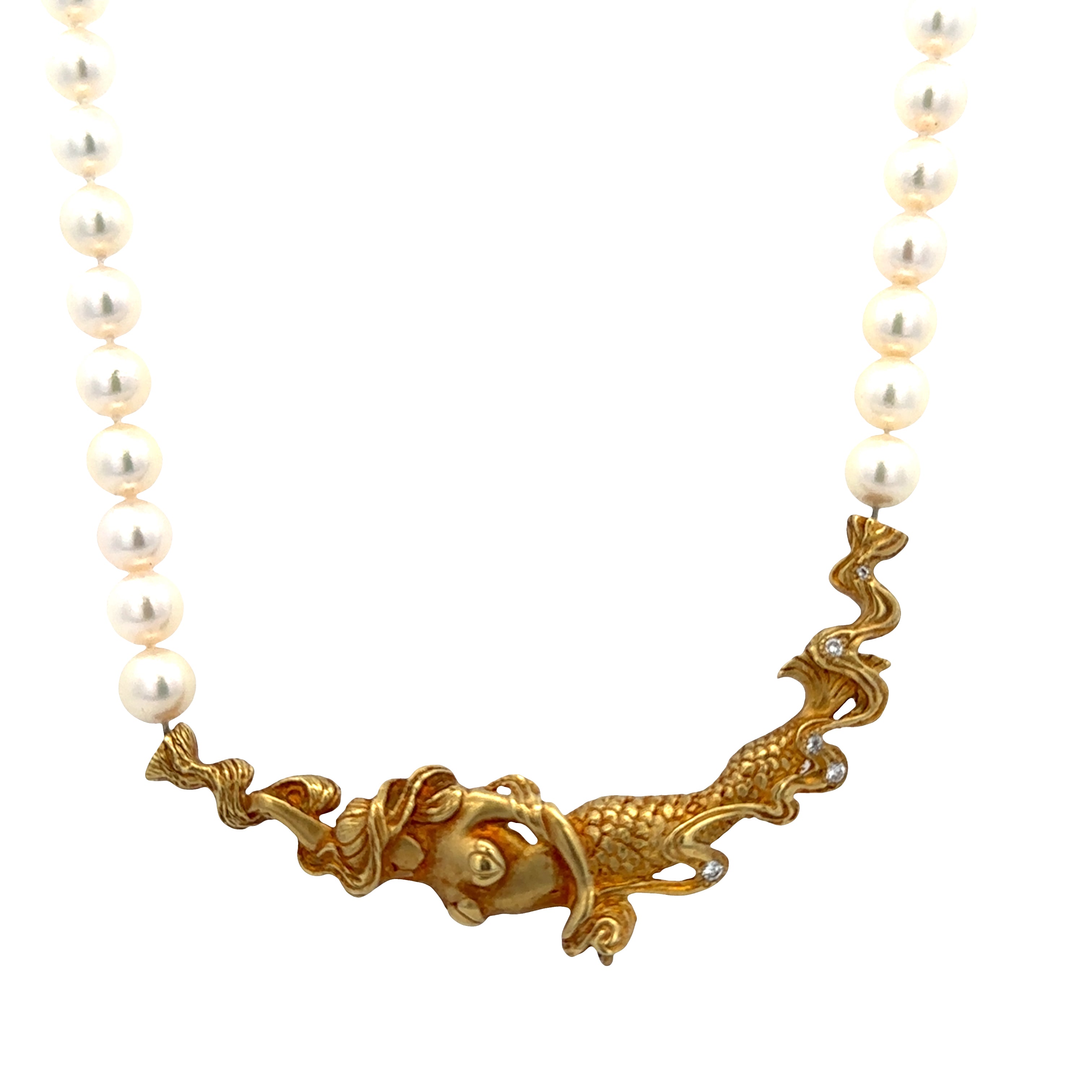 Pearl Necklace with 18k Yellow Gold Mermaid & Diamond Centerpiece – 16"