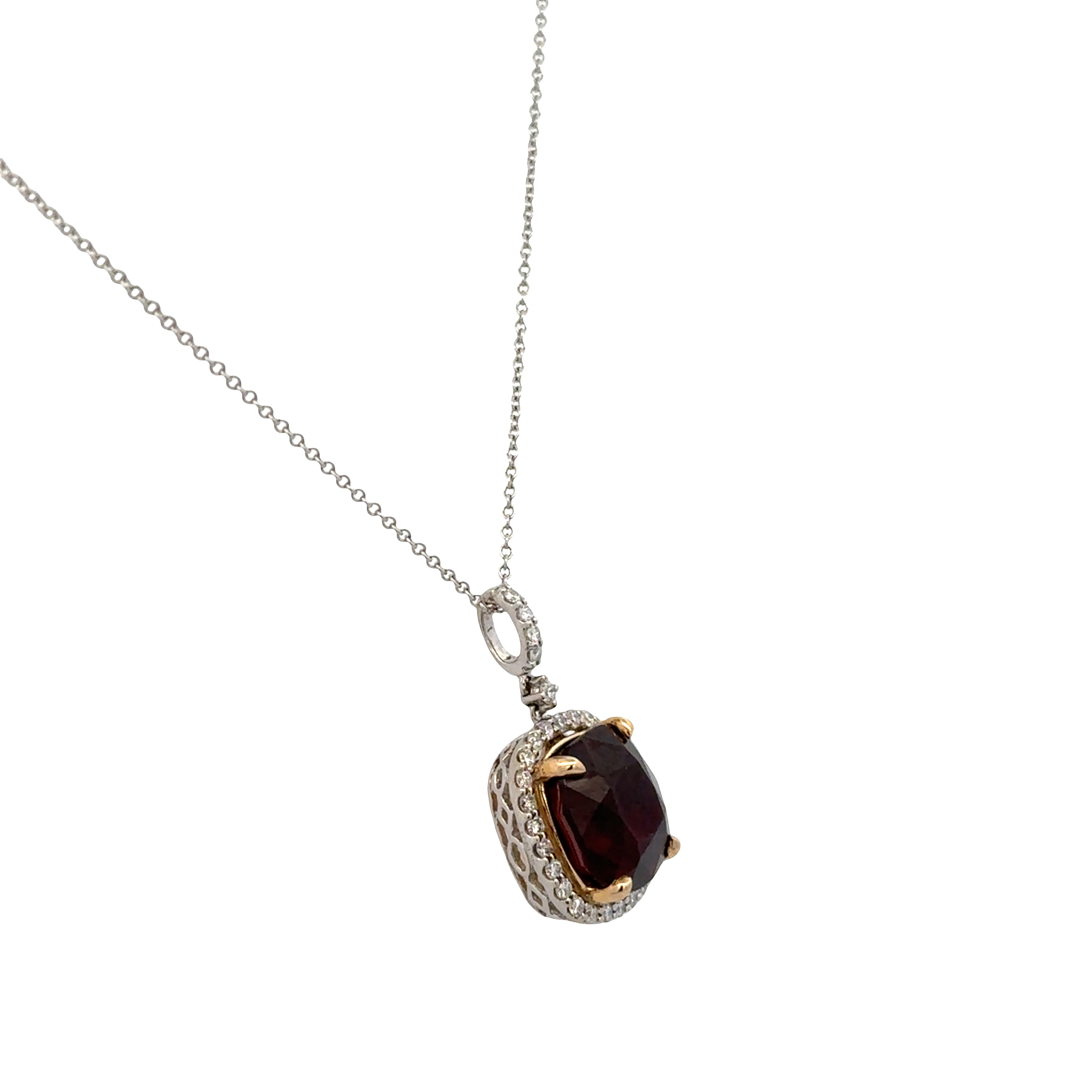 14k White Gold Garnet and Diamond Halo Pendant Necklace