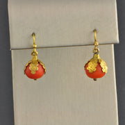 Antique Coral Bead Earrings in Yellow Gold