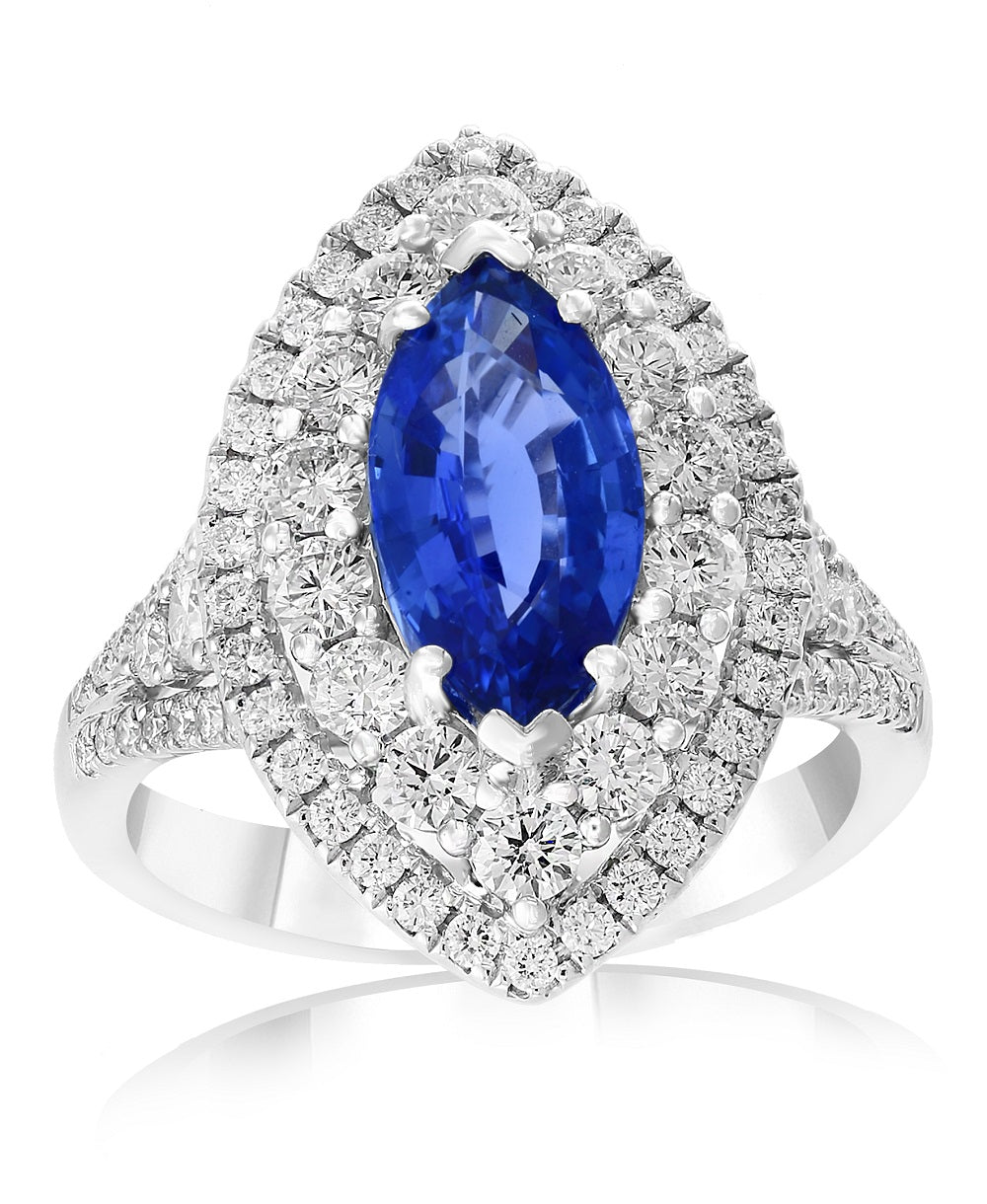 Marquise Sapphire and Diamond Ring in 18k White Gold