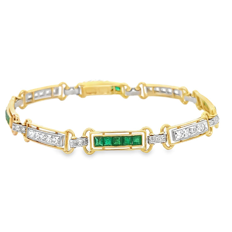 Antique Emerald and Diamond Bracelet in 18k Yellow Gold and Platinum 8.5" Long