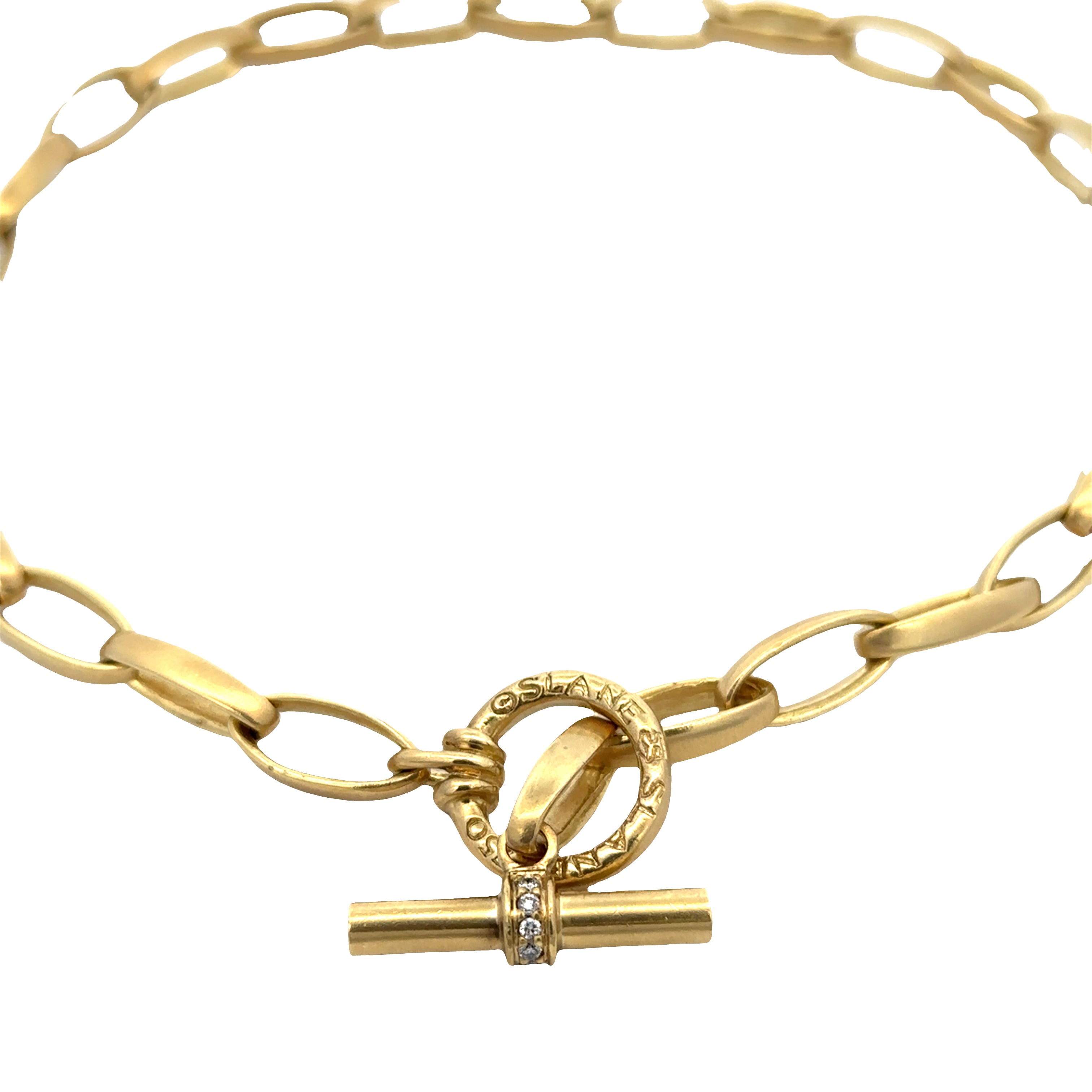 Estate Slane & Slane 18k Yellow Gold 16" Brushed Oval Link Toggle Necklace with Diamond Accented Clasp