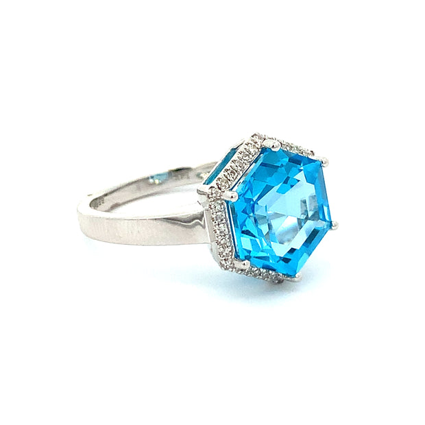 Hexagonal Blue Topaz and Diamond Ring in White Gold