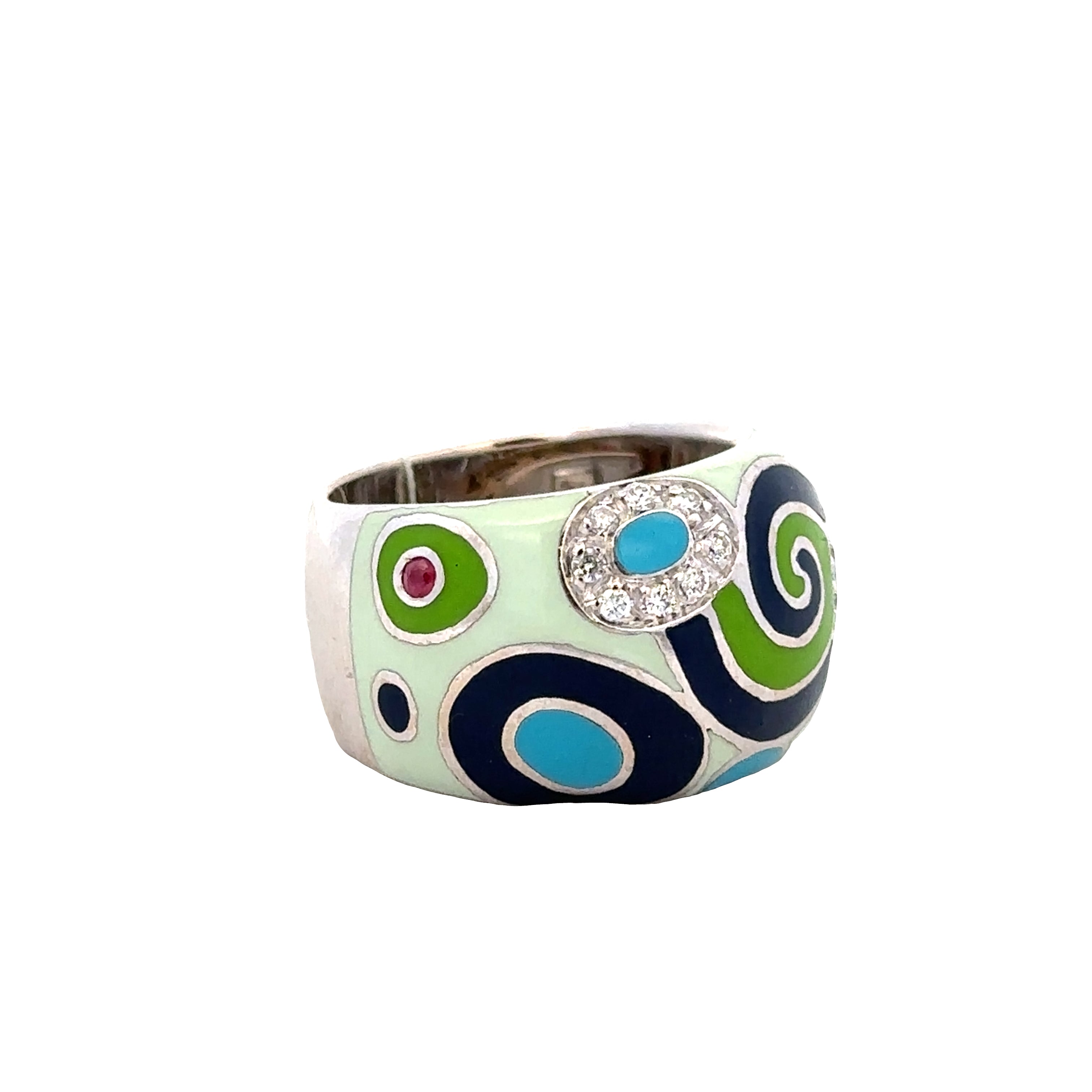 Estate Roberto Coin 18k White Gold Enamel & Diamond Pop Art Band Ring – Size 6.5