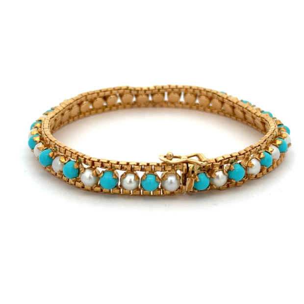 Turquoise and Akoya Cultured Half Pearl Bracelet in 18k Yellow Gold