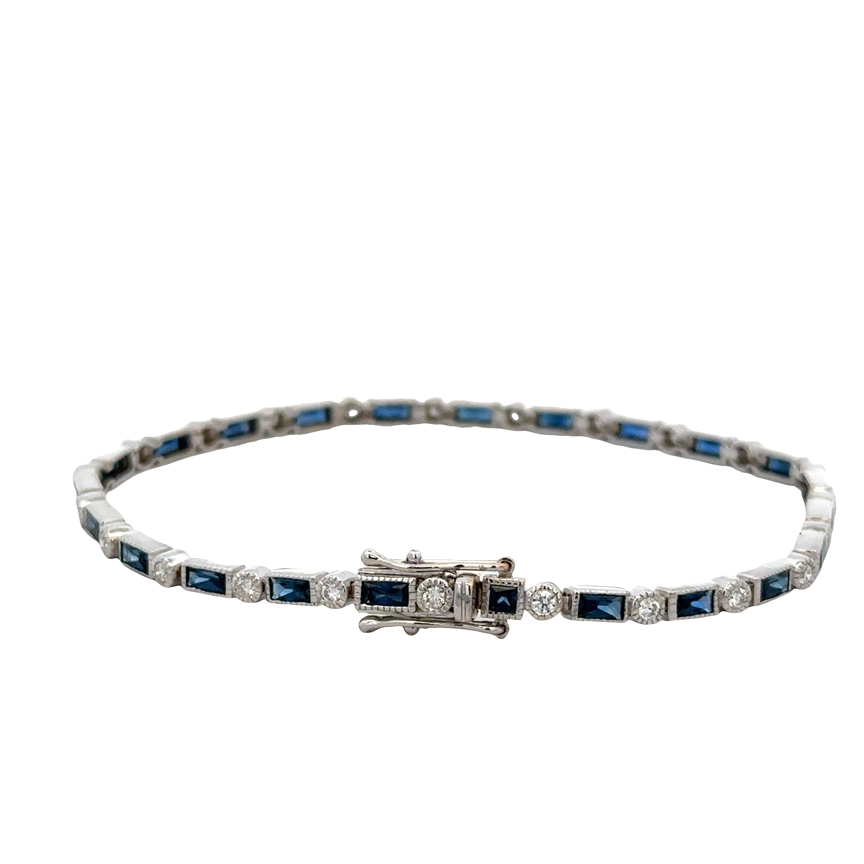 14k White Gold Sapphire & Diamond Milgrain Bezel Bracelet – 7.5" Long
