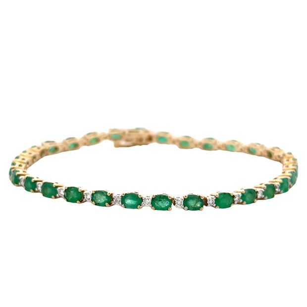 Emerald and Diamond Straight Line Bracelet in Yellow Gold