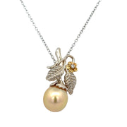 Foliate Style Golden Pearl and Diamond Pendant in Two Tone Gold