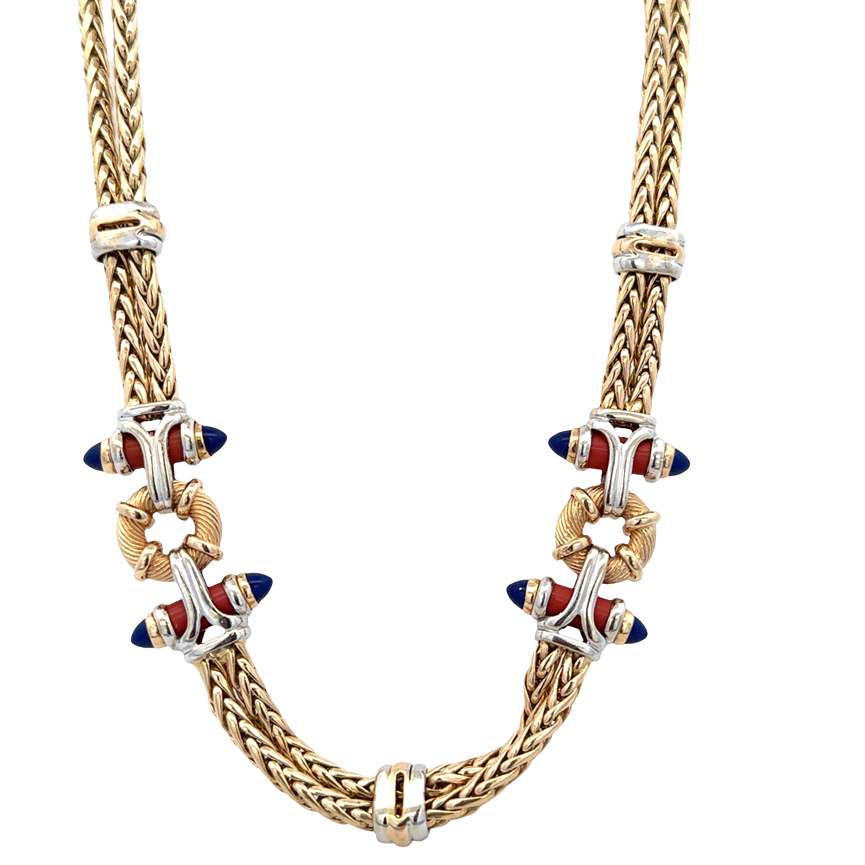 14k Yellow Gold Lapis & Coral Double Strand Foxtail Statement Necklace – 17"