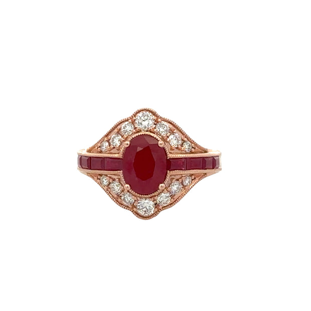 Vintage Inspired Ruby and Diamond Ring in Rose Gold