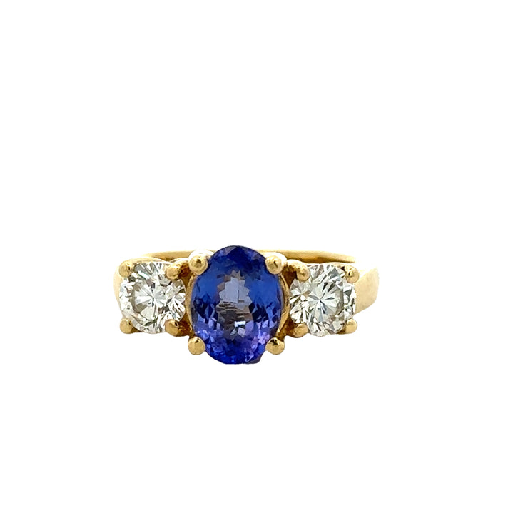 Tanzanite and Diamond Three Stone Ring in 18k Yellow Gold