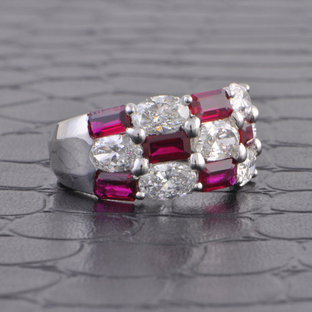 Ruby and Oval Cut Diamond Band Ring in Platinum