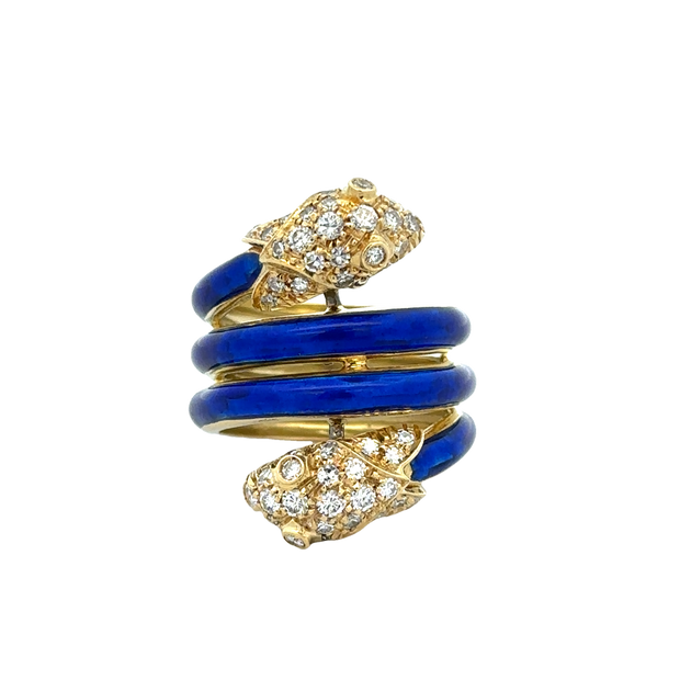 Enameled Diamond Double Snake Ouroboros Ring in 18k Yellow Gold