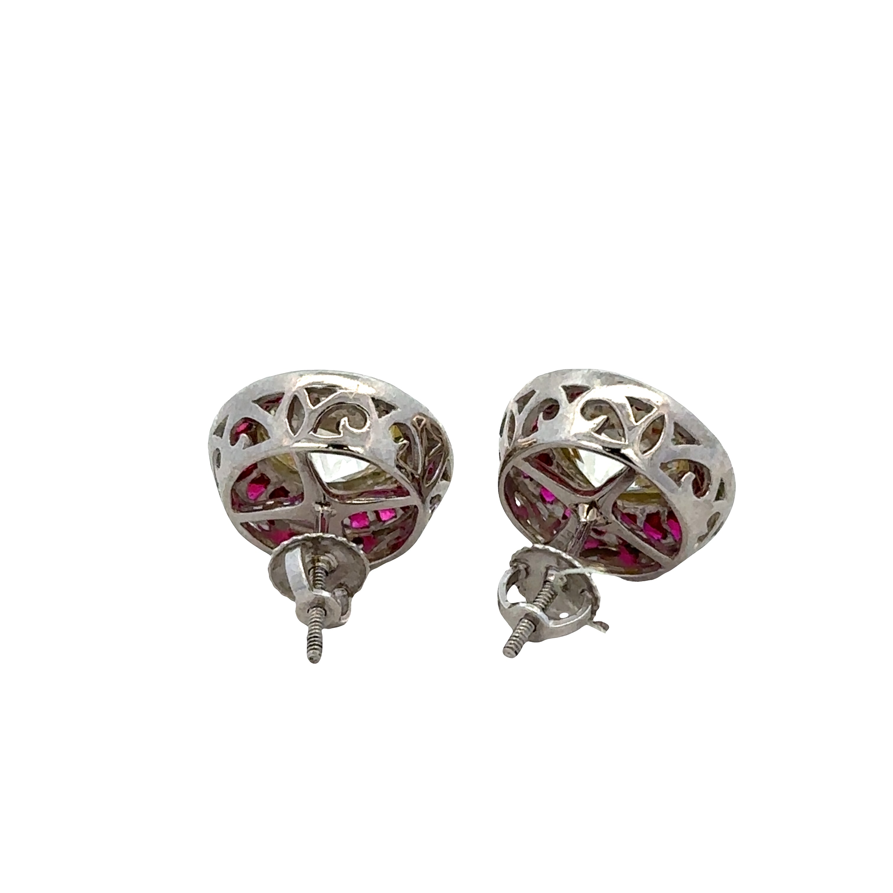Statement 18k White Gold Old European Cut Diamond & Ruby Stud Earrings