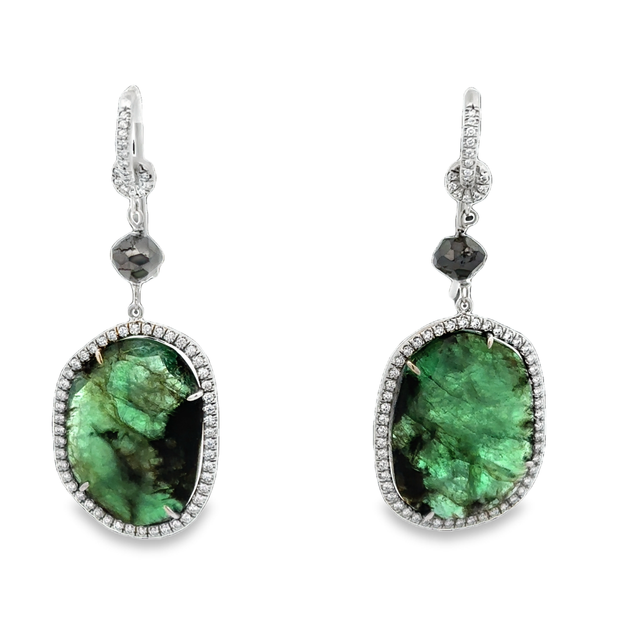 Designer Emerald Slice and Black Diamond Earrings in 18k White Gold